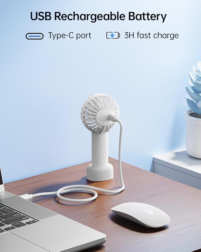 Mini Portable Fan - Rechargeable Handheld Fan, 3 Speeds Personal Hand Gifts for Travel Essentials, Lash, Makeup, Eyelash