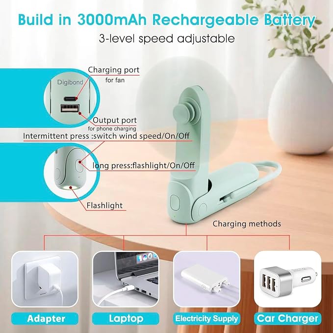 Mini Portable Fan Rechargeable Handheld Fan 3000mAh Battery 3 Speed Quiet Personal Fan, 6 IN 1 Bullet Shape with Flashlight