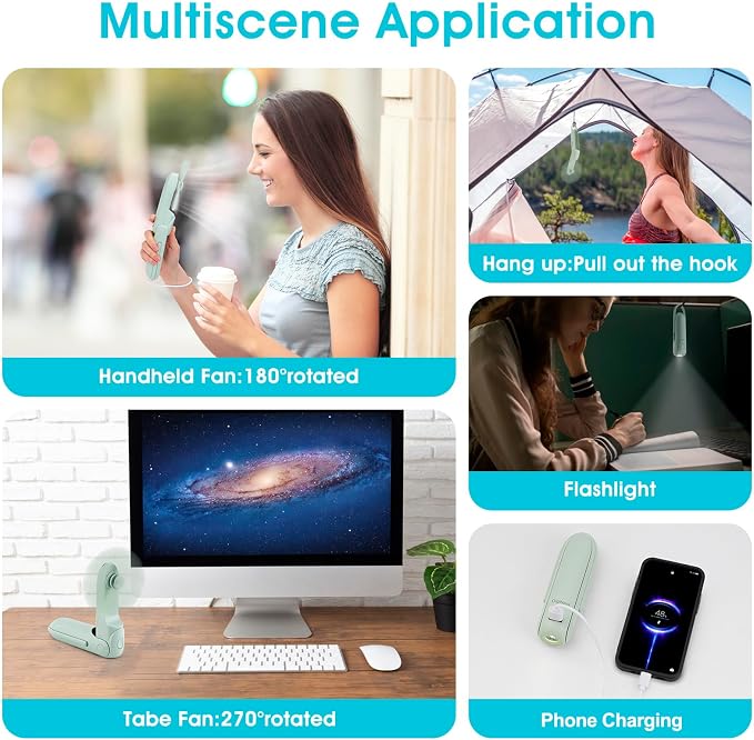 Mini Portable Fan Rechargeable Handheld Fan 3000mAh Battery 3 Speed Quiet Personal Fan, 6 IN 1 Bullet Shape with Flashlight