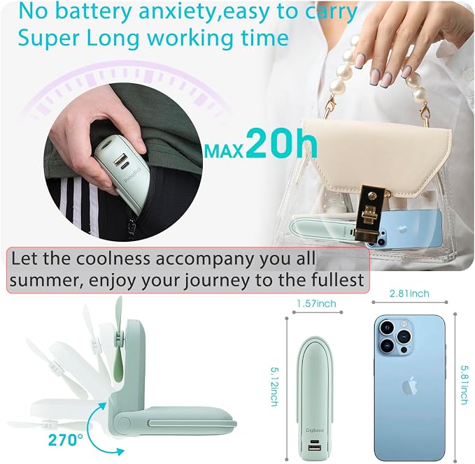 Mini Portable Fan Rechargeable Handheld Fan 3000mAh Battery 3 Speed Quiet Personal Fan, 6 IN 1 Bullet Shape with Flashlight