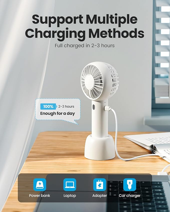 Mini Portable Fan, Small and Powerful, Cute Design 3 Speed Personal Handheld fan and Desktop with Base, Lightweight USB