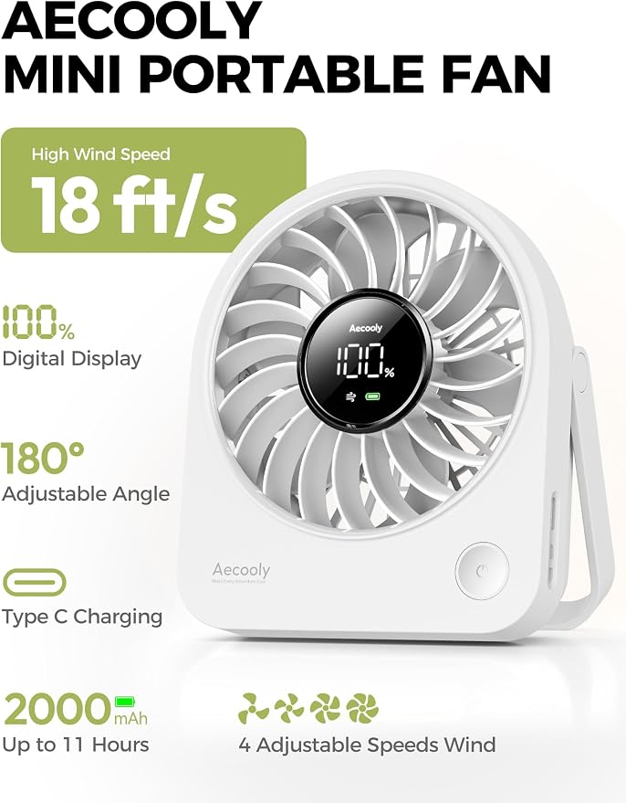 Mini Portable Fan, Small Enough to Hold USB Desk Fan, 4 Speeds Quiet Rechargeable [11H Max Cooling Time], 180° Adjustable