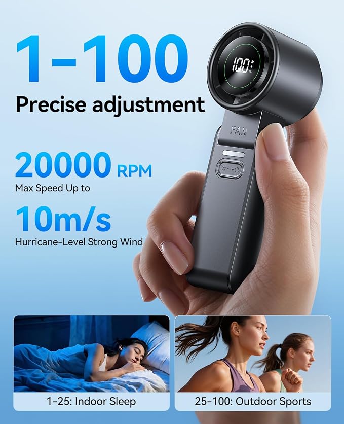 Mini Portable Handheld Fan, USB Rechargeable Personal Cooling Fan with Turbo Airflow, 100 Speeds, 120° Rotation, LED Display