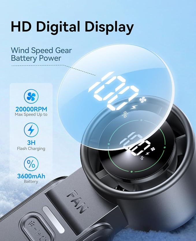 Mini Portable Handheld Fan, USB Rechargeable Personal Cooling Fan with Turbo Airflow, 100 Speeds, 120° Rotation, LED Display