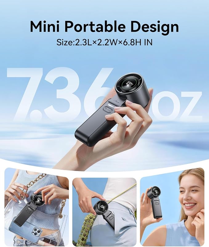 Mini Portable Handheld Fan, USB Rechargeable Personal Cooling Fan with Turbo Airflow, 100 Speeds, 120° Rotation, LED Display