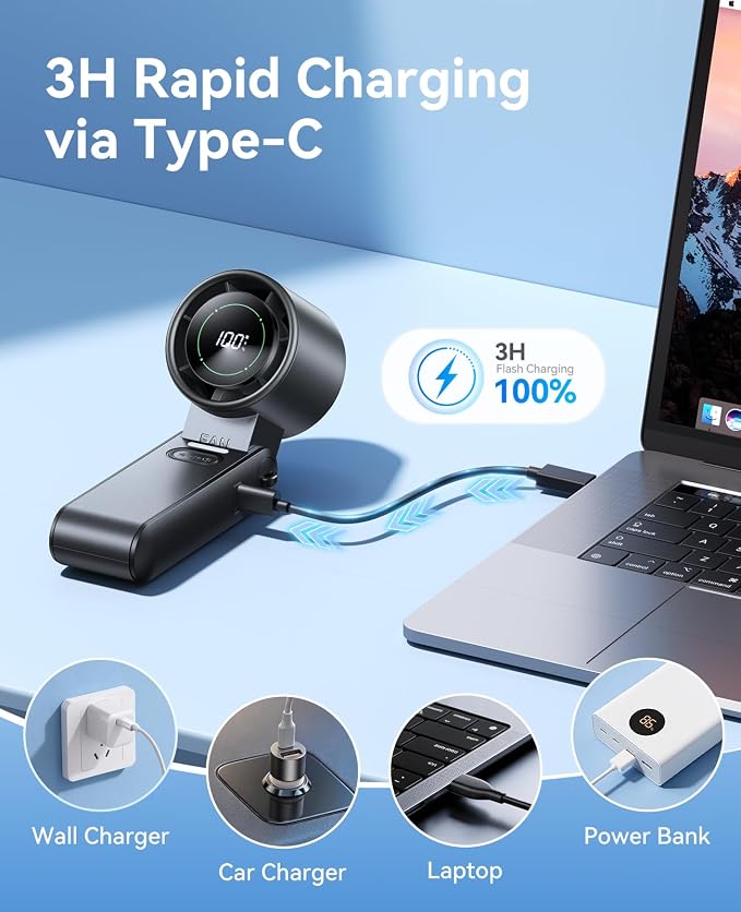 Mini Portable Handheld Fan, USB Rechargeable Personal Cooling Fan with Turbo Airflow, 100 Speeds, 120° Rotation, LED Display