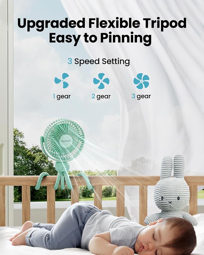 Mini Portable Stroller Fan, Battery Operated Small Clip on, Detachable 3 Speed Rechargeable, 360° Rotate, alternate view 3