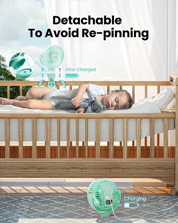 Mini Portable Stroller Fan, Battery Operated Small Clip on, Detachable 3 Speed Rechargeable, 360° Rotate, alternate view 4