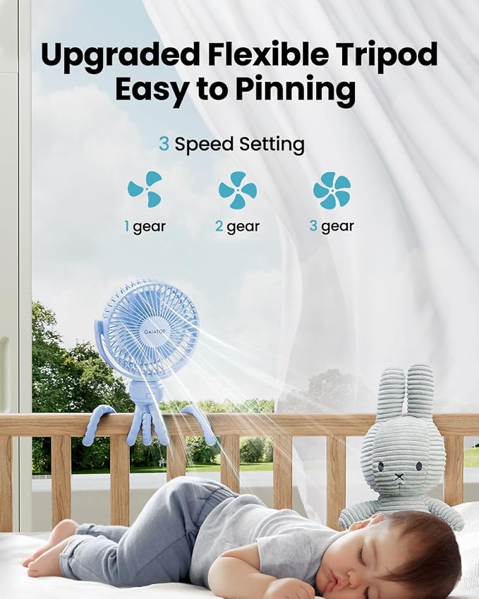 Mini Portable Stroller Fan, Battery Operated Small Clip on, Detachable 3 Speed Rechargeable, 360° Rotate, alternate view 3