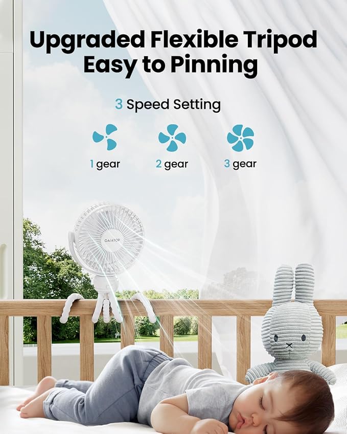Mini Portable Stroller Fan, Battery Operated Small Clip on, Detachable 3 Speed Rechargeable, 360° Rotate, alternate view 3