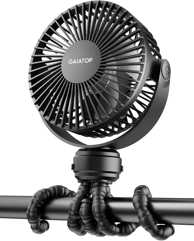 Mini Portable Stroller Fan, Battery Operated Small Clip on, Detachable 3 Speed Rechargeable, 360° Rotate