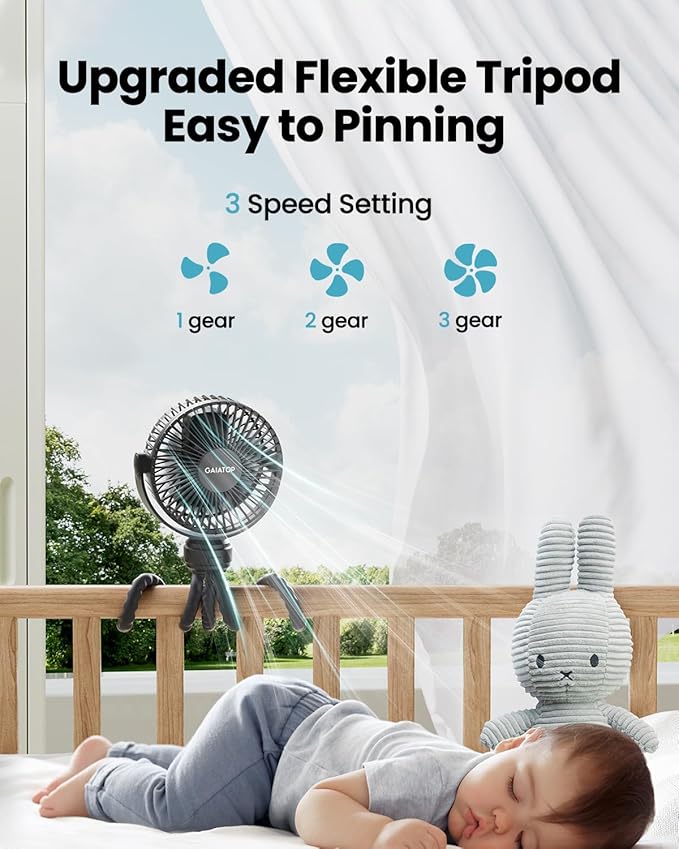 Mini Portable Stroller Fan, Battery Operated Small Clip on, Detachable 3 Speed Rechargeable, 360° Rotate, alternate view 3