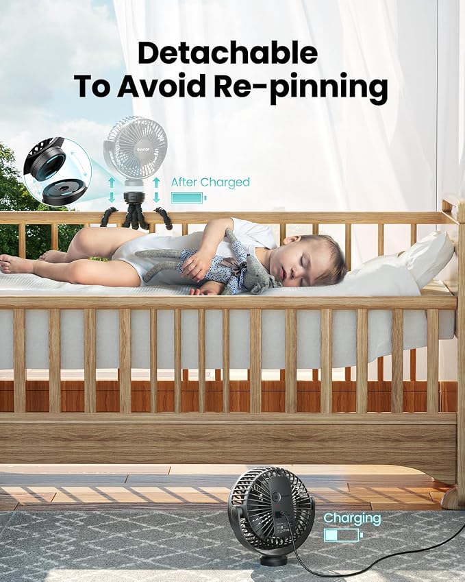 Mini Portable Stroller Fan, Battery Operated Small Clip on, Detachable 3 Speed Rechargeable, 360° Rotate, alternate view 4