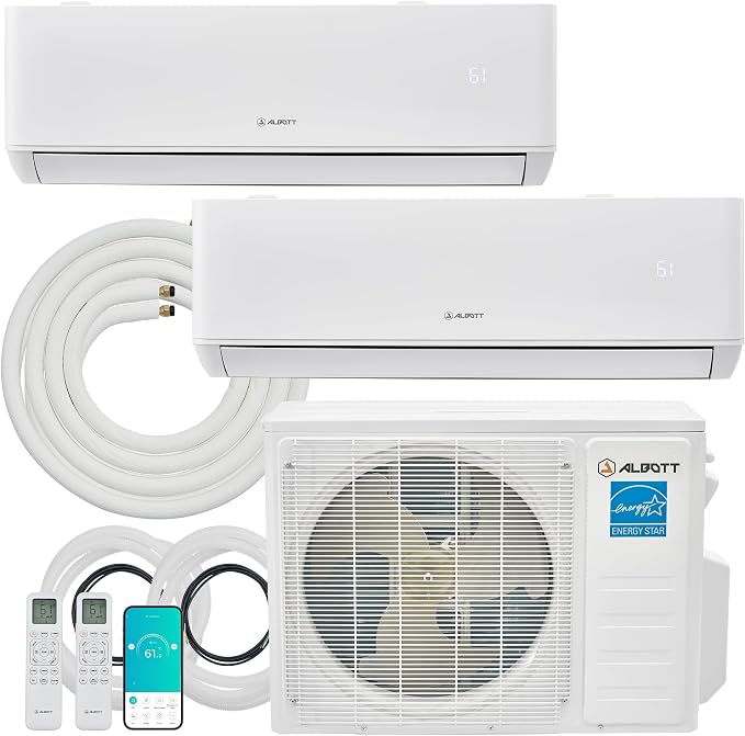 Mini Split AC/Heating System, 20,000 BTU ODU, 25 SEER2 2 Zone 9K+9K BTU Ductless Inverter Heat Pump, WiFi Enabled with