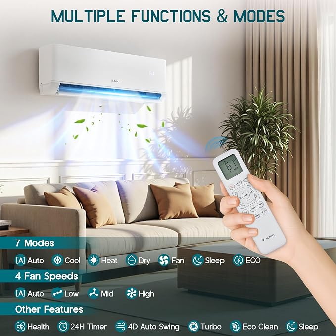 Mini Split AC/Heating System, 20,000 BTU ODU, 25 SEER2 2 Zone 9K+9K BTU Ductless Inverter Heat Pump, WiFi Enabled with