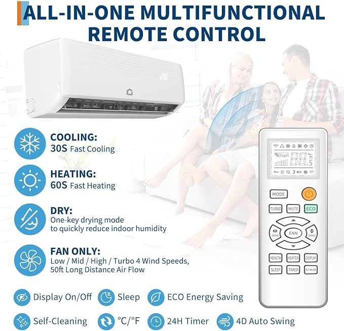 Mini Split Air Conditioner 12000 BTU with 19 SEER2 Efficiency, 208-230V, Smart Split Unit AC Cooling/Heating Up to 750 Sq.Ft