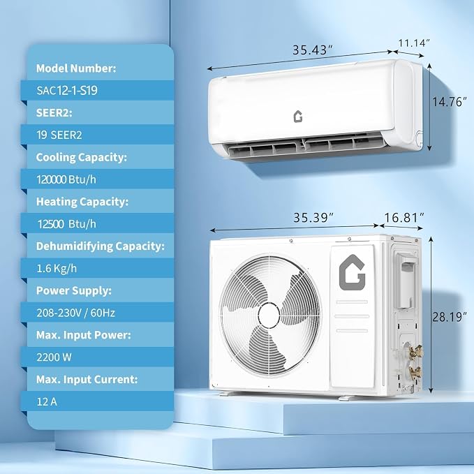 Mini Split Air Conditioner 12000 BTU with 19 SEER2 Efficiency, 208-230V, Smart Split Unit AC Cooling/Heating Up to 750 Sq.Ft