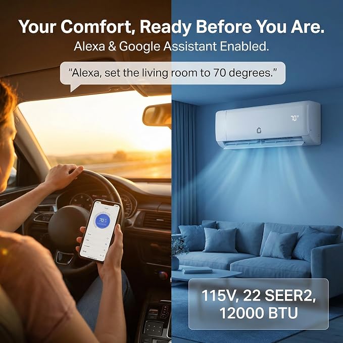Mini Split Air Conditioner 22 SEER2 Efficiency Smart Inverter Tech,Alexa-Compatible WiFi Control,Professional Installation
