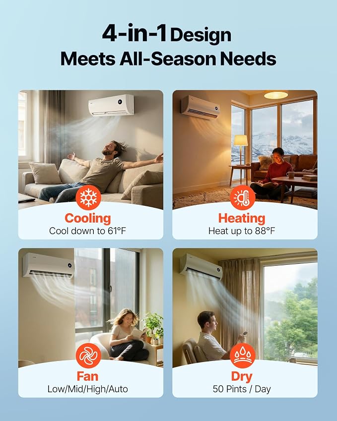 Mini Split Air Conditioner, 9000 BTU 115V Fast Cooling & Heating, 19 SEER2 High Efficiency Energy Saving, Quiet Inverter