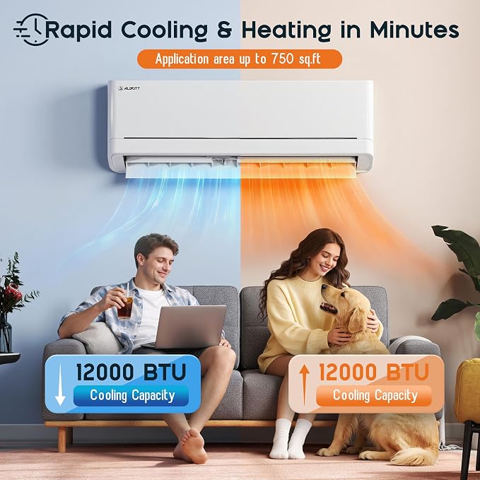 Mini Split Air Conditioner and Heater, 12,000 BTU, SEER2 18, 220V Inverter Energy-Efficient AC with Self-Cleaning, Remote and
