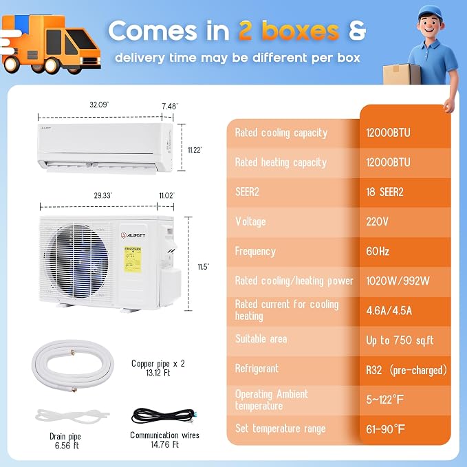 Mini Split Air Conditioner and Heater, 12,000 BTU, SEER2 18, 220V Inverter Energy-Efficient AC with Self-Cleaning, Remote and