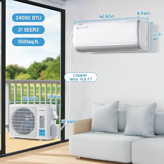 Mini Split Air Conditioner Heat Pump, 24000 BTU 21 SEER2 208V-230V, Energy Star, Remote Control for Rooms up to 1500 Sq.Ft