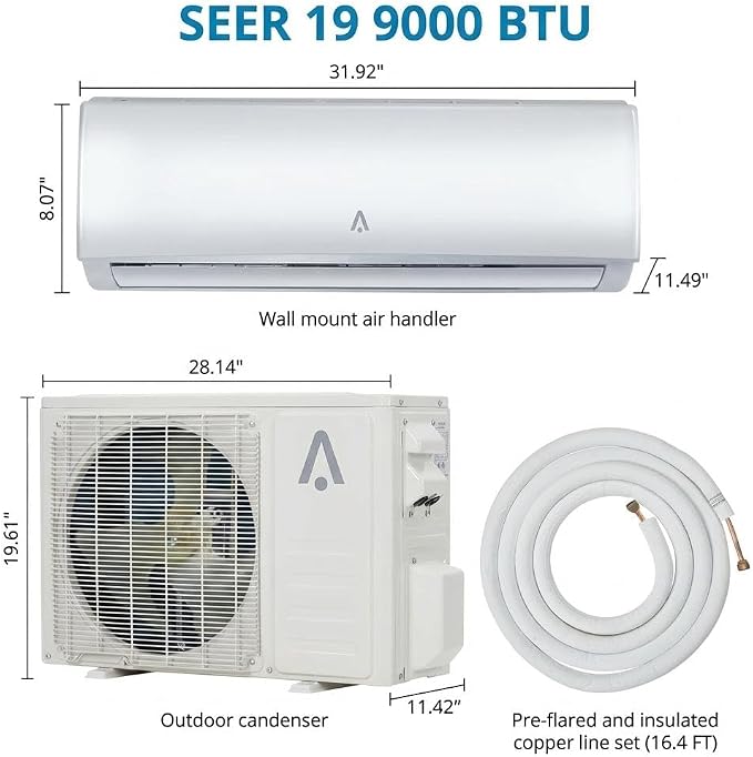 Mini Split Air Conditioner Heat Pump, 9000BTU 7-in-1 AC Inverter Unit 115V Alexa & Wifi 19 SEER2 Up to 450 Sq.ft R32 7 Fan
