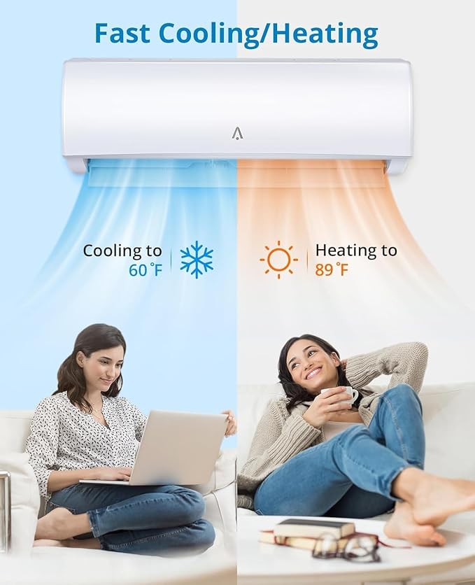 Mini Split Air Conditioner Heat Pump, 9000BTU 7-in-1 AC Inverter Unit 115V Alexa & Wifi 19 SEER2 Up to 450 Sq.ft R32 7 Fan
