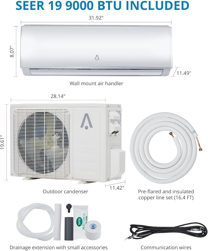 Mini Split Air Conditioners, 9,000 BTU AC Heating System, Heat Pump Ductless Mini Split AC Unit for Bedroom, Quiet Room Air
