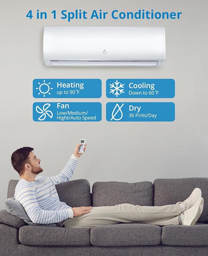Mini Split Air Conditioners, 9,000 BTU AC Heating System, Heat Pump Ductless Mini Split AC Unit for Bedroom, Quiet Room Air