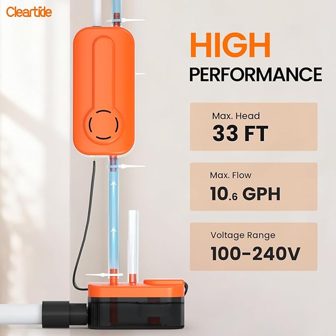Mini Split HVAC Condensate Pump, 10.6 GPH, 110V/240V, Automatic Safety Switch, AC Condensate Removal for Air Conditioner