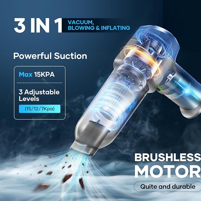 Mini Vacuum Cleaner, 3 in 1 Car Vacuum Cleaner High Power, 15000PA Powerful Suction, Air Duster, 7500mAh, Adjustable Small