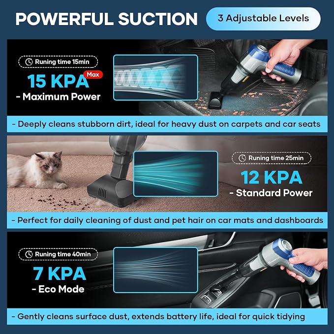 Mini Vacuum Cleaner, 3 in 1 Car Vacuum Cleaner High Power, 15000PA Powerful Suction, Air Duster, 7500mAh, Adjustable Small