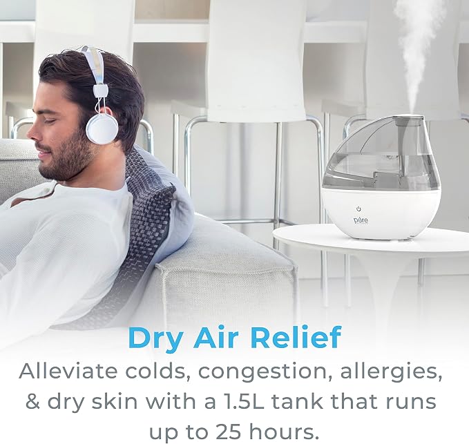 MistAire Silver Ultrasonic Cool Mist Humidifier for Bedroom, Office, Nursery & Indoor Plants - Lasts Up to 25 Hours