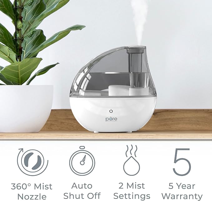 MistAire Silver Ultrasonic Cool Mist Humidifier for Bedroom, Office, Nursery & Indoor Plants - Lasts Up to 25 Hours
