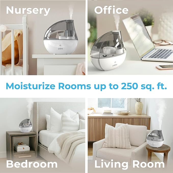 MistAire Silver Ultrasonic Cool Mist Humidifier for Bedroom, Office, Nursery & Indoor Plants - Lasts Up to 25 Hours
