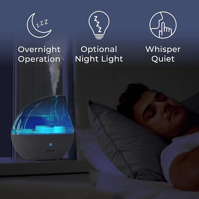 MistAire Silver Ultrasonic Cool Mist Humidifier for Bedroom, Office, Nursery & Indoor Plants - Lasts Up to 25 Hours