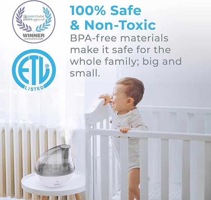 MistAire Silver Ultrasonic Cool Mist Humidifier for Bedroom, Office, Nursery & Indoor Plants - Lasts Up to 25 Hours