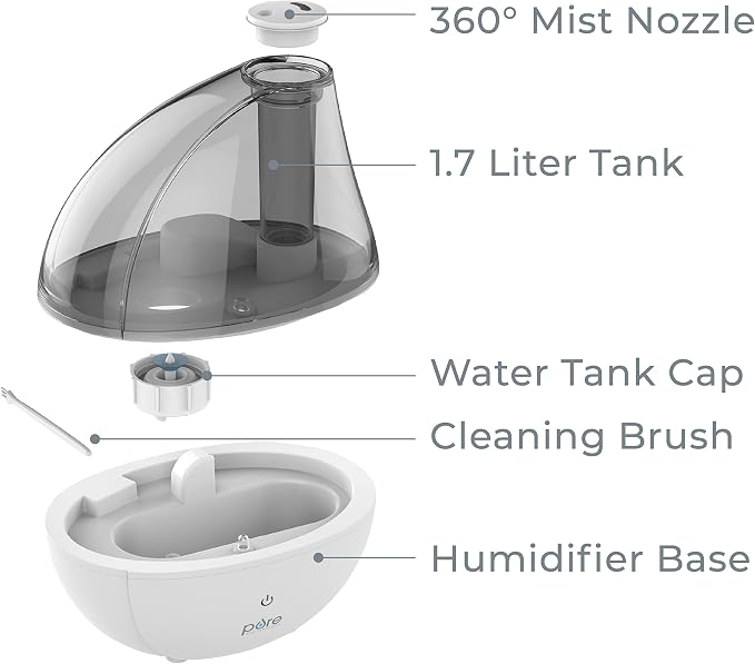MistAire Silver Ultrasonic Cool Mist Humidifier for Bedroom, Office, Nursery & Indoor Plants - Lasts Up to 25 Hours