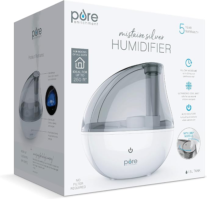MistAire Silver Ultrasonic Cool Mist Humidifier for Bedroom, Office, Nursery & Indoor Plants - Lasts Up to 25 Hours