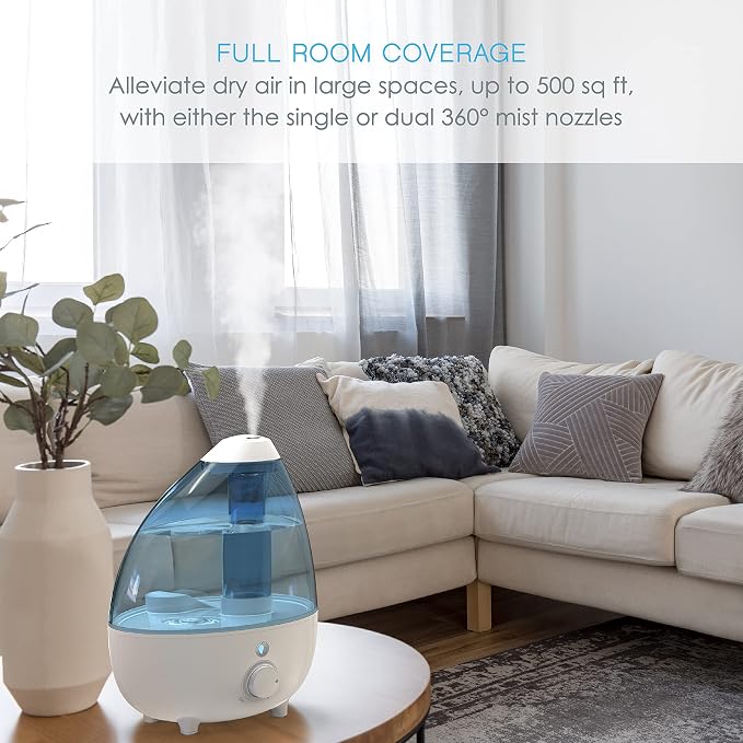 MistAire XL Ultrasonic Cool Mist Humidifier - All Day Operation for Large Rooms, 1 Gallon Tank, Variable Mist Control