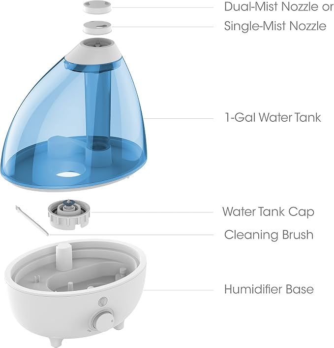 MistAire XL Ultrasonic Cool Mist Humidifier - All Day Operation for Large Rooms, 1 Gallon Tank, Variable Mist Control