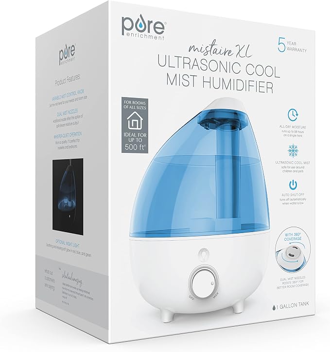 MistAire XL Ultrasonic Cool Mist Humidifier - All Day Operation for Large Rooms, 1 Gallon Tank, Variable Mist Control