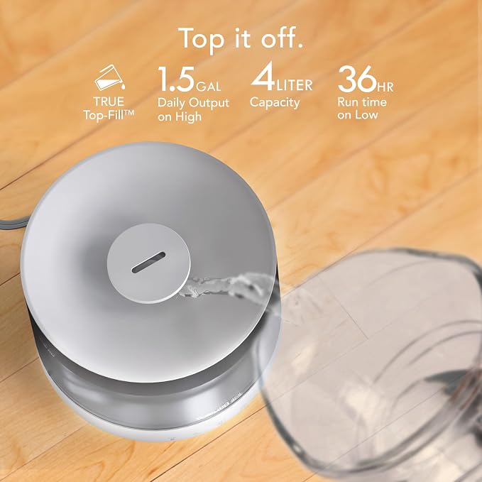 MISTIC 4 Whole Room Ultrasonic Humidifier, Top-Fill, Aromatherapy, 1-Gallon Tank, 3 Mist Settings, Ambient Lighting