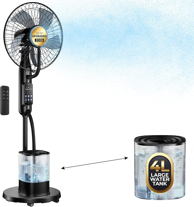 Misting Fan, 2026 Upgraded 4L Large Water Tank Mister Cooling Fan, 5 Speeds 3 Modes Misting Standing Fan, Floor Fan with