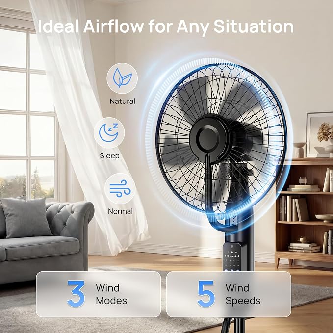 Misting Fan, 2026 Upgraded 4L Large Water Tank Mister Cooling Fan, 5 Speeds 3 Modes Misting Standing Fan, Floor Fan with