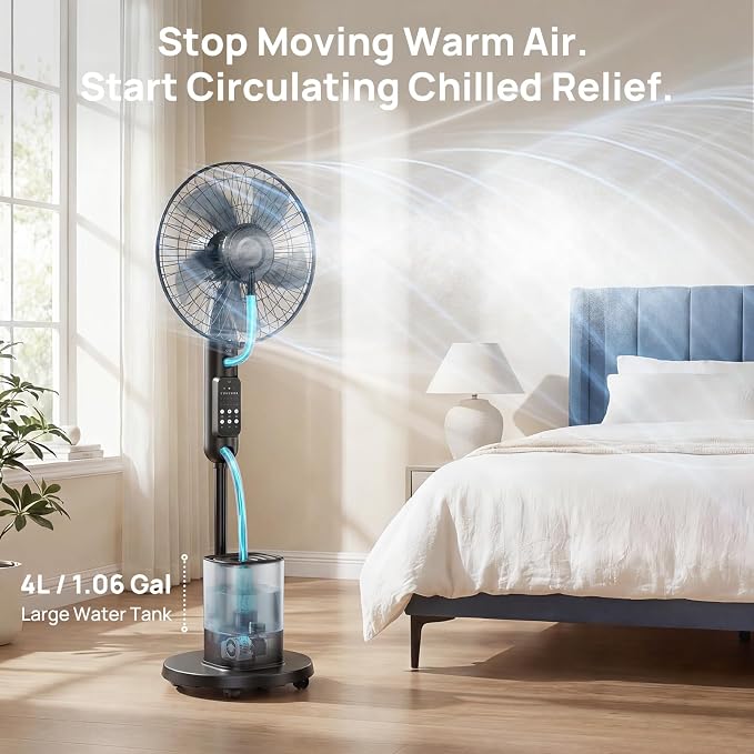 Misting Fan, 2026 Upgraded 4L Large Water Tank Mister Cooling Fan, 5 Speeds 3 Modes Misting Standing Fan, Floor Fan with