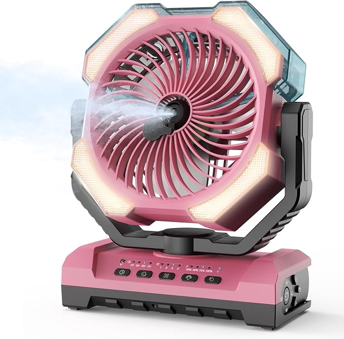 Misting Fan - Pink Portable Rechargeable Fan with 9oz Water Tank, Light, Hook - Versatile, 120H MAX Cooling, Last 5H Mist