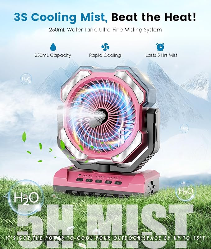 Misting Fan - Pink Portable Rechargeable Fan with 9oz Water Tank, Light, Hook - Versatile, 120H MAX Cooling, Last 5H Mist