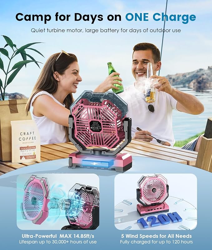 Misting Fan - Pink Portable Rechargeable Fan with 9oz Water Tank, Light, Hook - Versatile, 120H MAX Cooling, Last 5H Mist